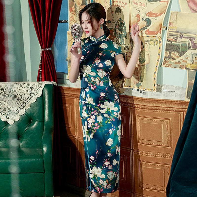 Beth and Brian Qipao-ZQYS Floral print, silk long Cheongsam with cap sleeves