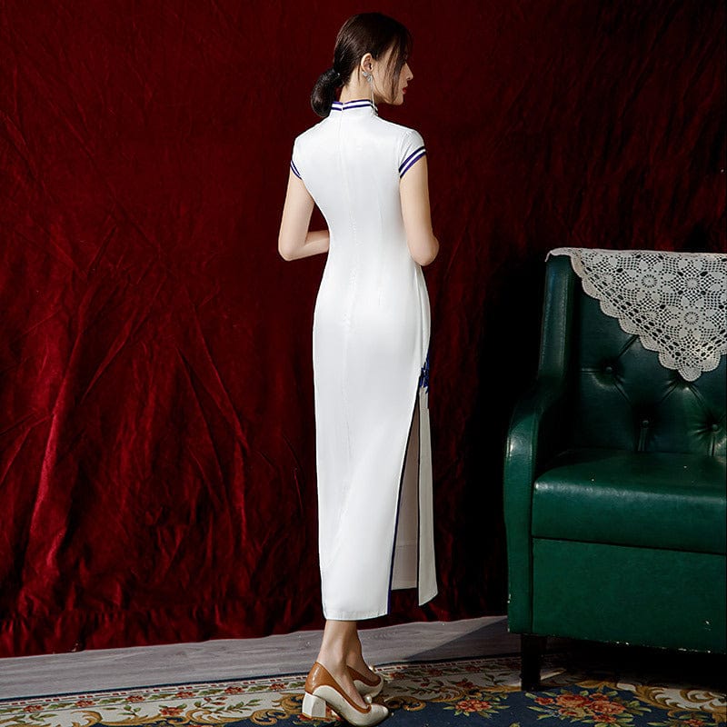 Beth and Brian Qipao-ZQYS Blue and white porcelain, long Cheongsam with cap sleeves