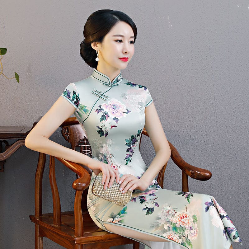 Beth and Brian Qipao-ZQYS Floral print, green silk long Cheongsam with cap sleeves