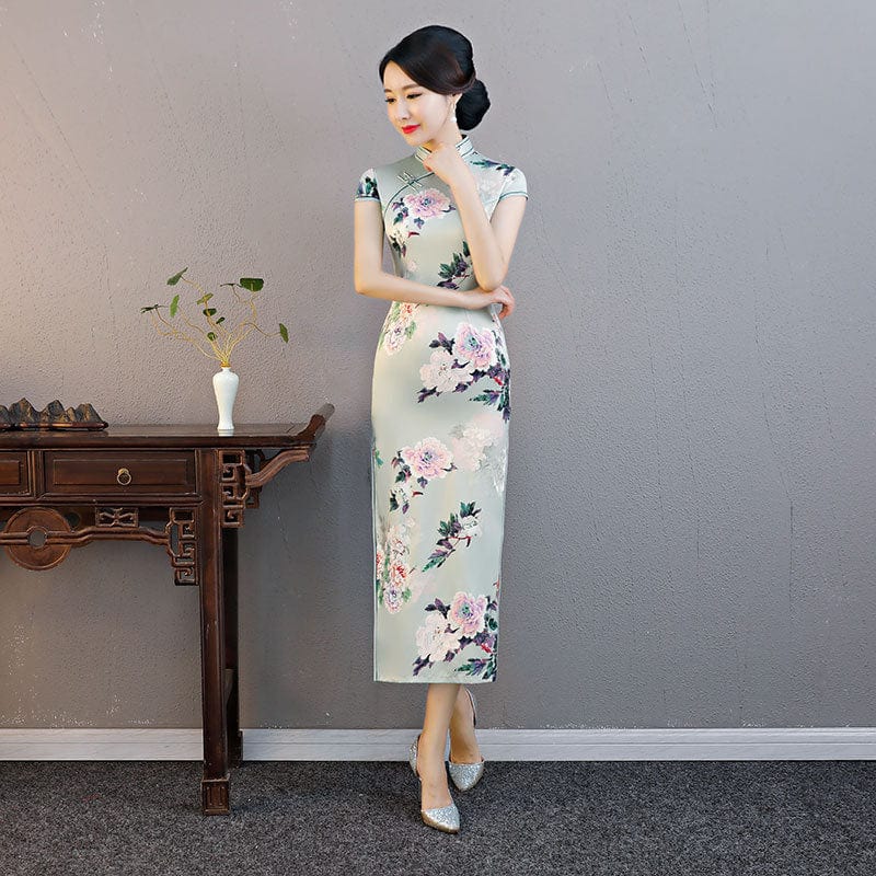 Beth and Brian Qipao-ZQYS Floral print, green silk long Cheongsam with cap sleeves