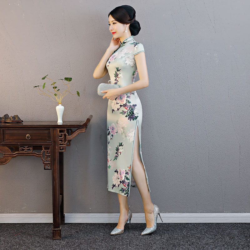 Beth and Brian Qipao-ZQYS Floral print, green silk long Cheongsam with cap sleeves