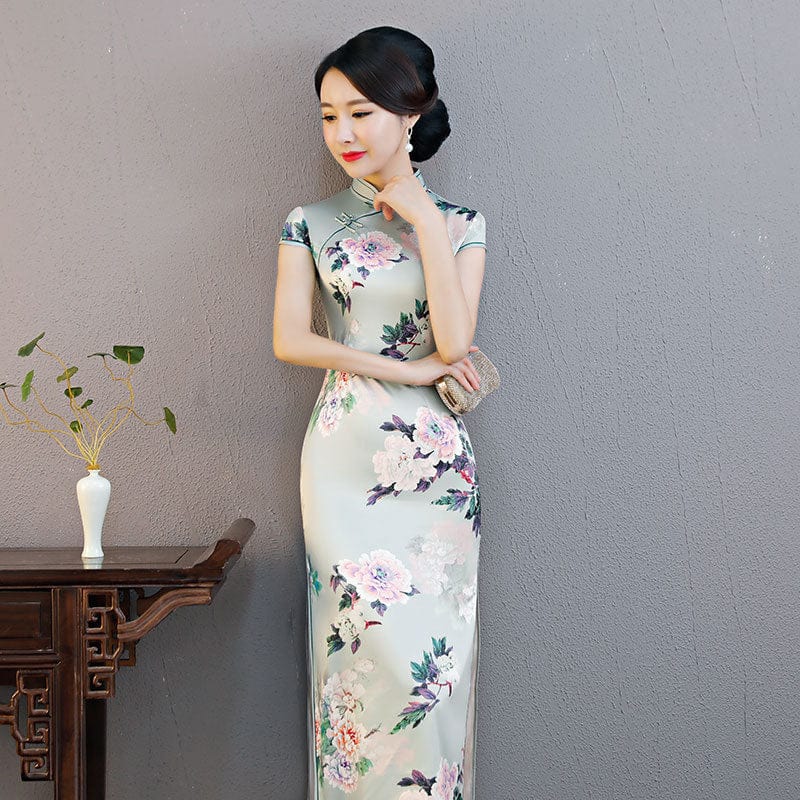 Beth and Brian Qipao-ZQYS Floral print, green silk long Cheongsam with cap sleeves