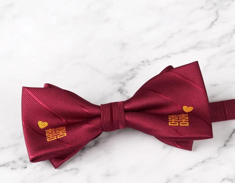 Beth and Brian Qipao - LF Double happiness pattern, jacquard fabric Chinese Tang Suit Bow Tie