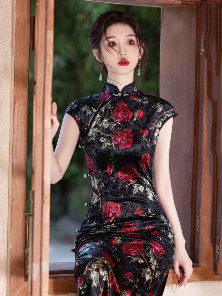 Beth and Brian Qipao-RY Rose&Butterfly pattern, black&beige midi Cheongsam