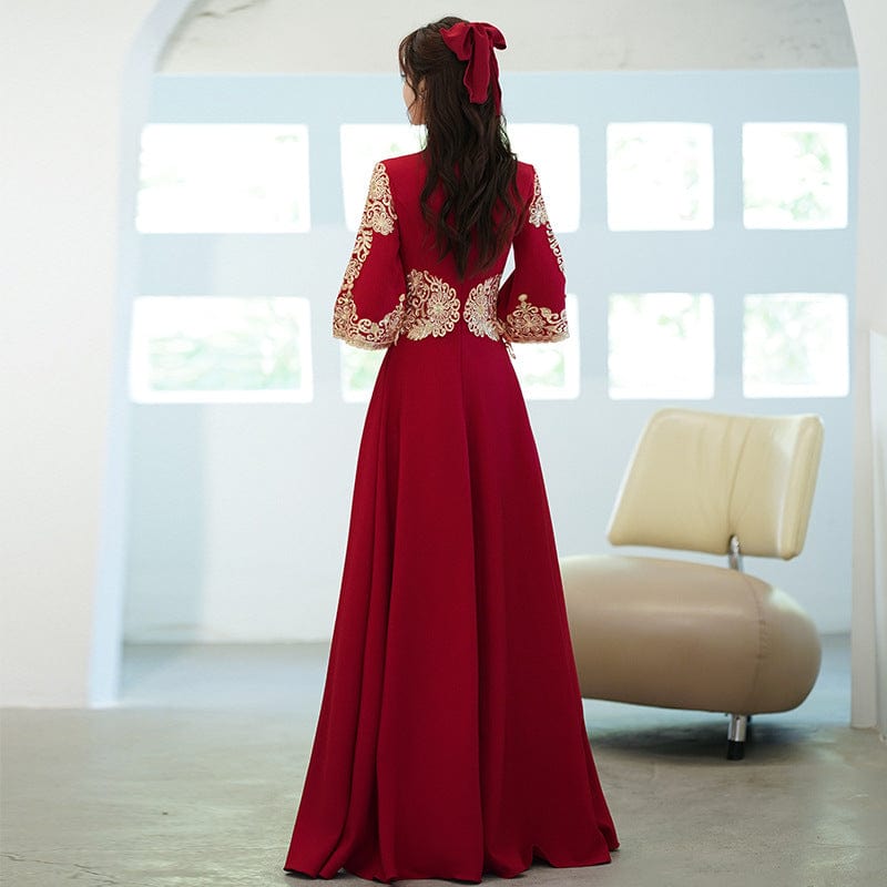 Beth and Brian Qipao-WS Floral embroidery, A line, burgundy plus size Cheongsam