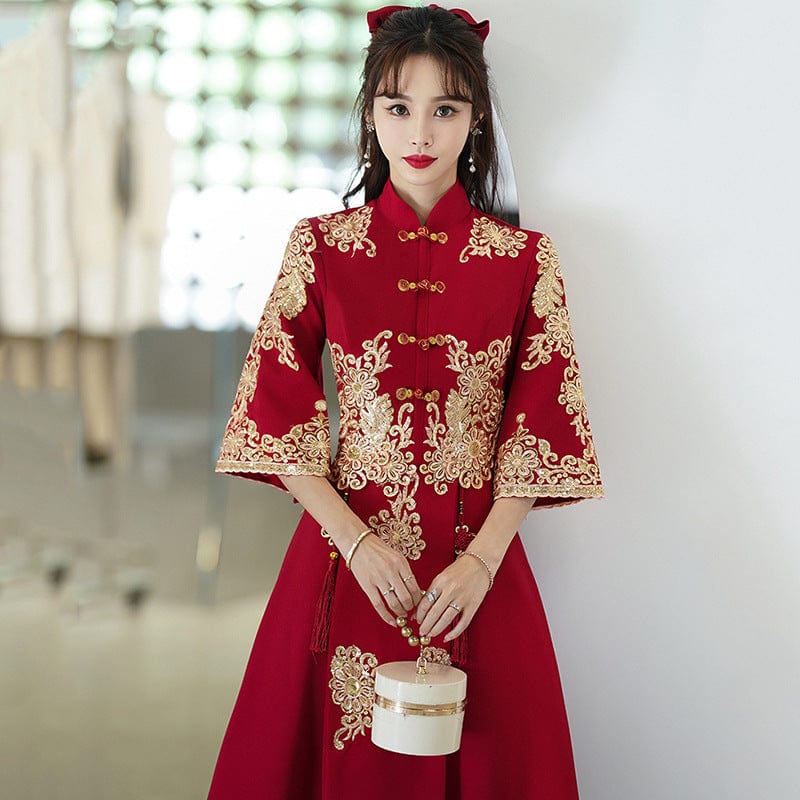 Beth and Brian Qipao-WS Floral embroidery, A line, burgundy plus size Cheongsam