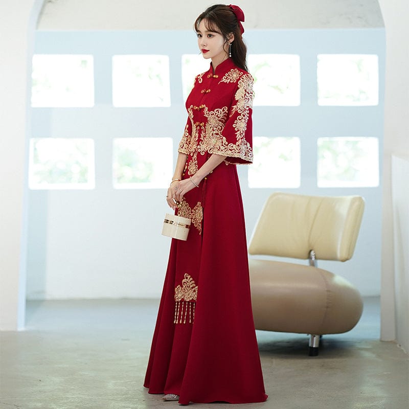 Beth and Brian Qipao-WS Floral embroidery, A line, burgundy plus size Cheongsam