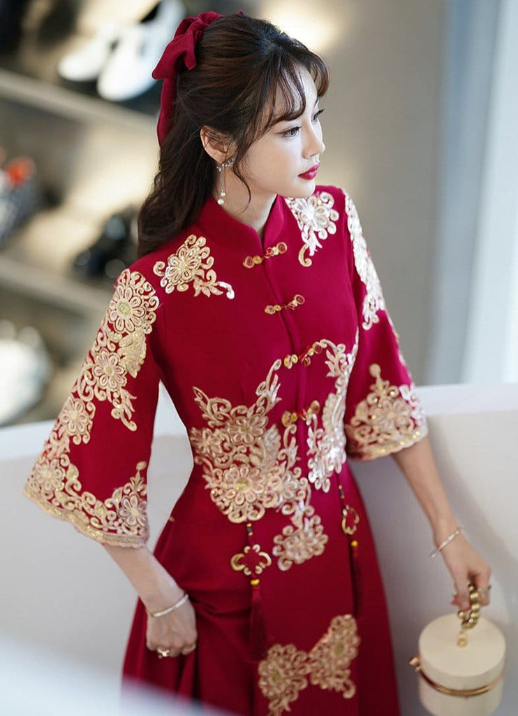 Beth and Brian Qipao-WS Floral embroidery, A line, burgundy plus size Cheongsam