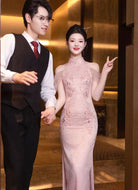 Beth and Brian Qipao-WFY Floral pattern, wedding pink&white mermaid Cheongsam