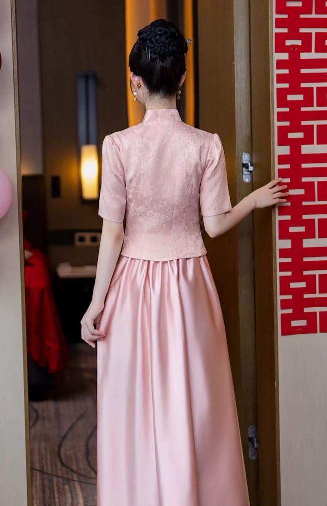 Beth and Brian Qipao-YBY Jacquard and satin, Bridesmaid pink long Qipao set