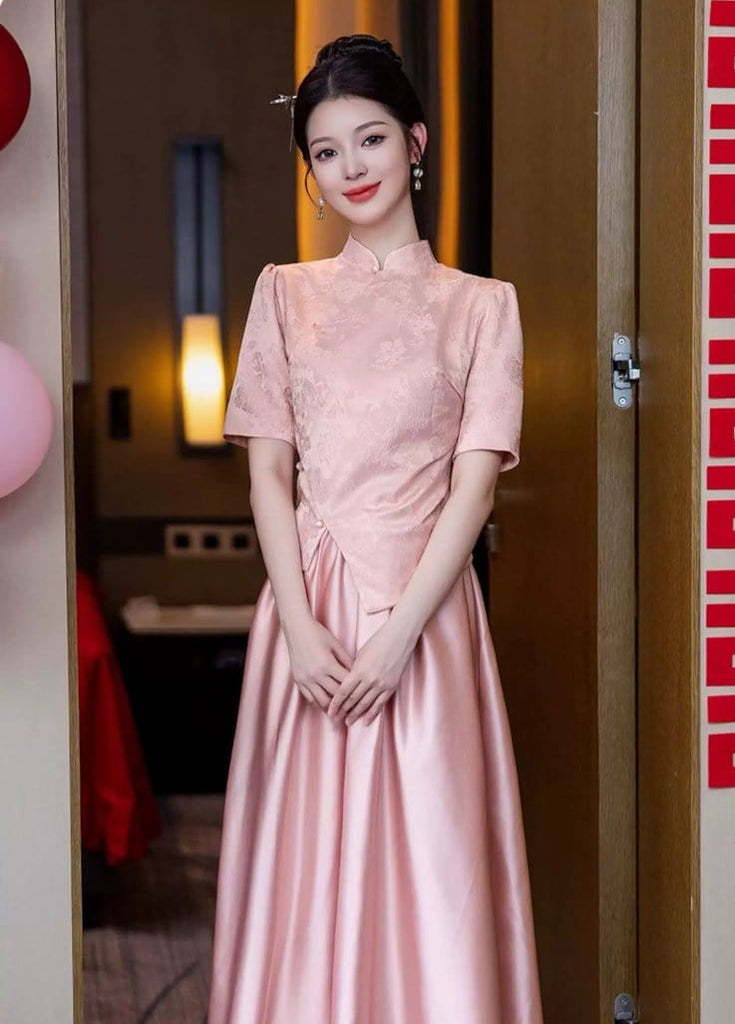 Beth and Brian Qipao-YBY Jacquard and satin, Bridesmaid pink long Qipao set