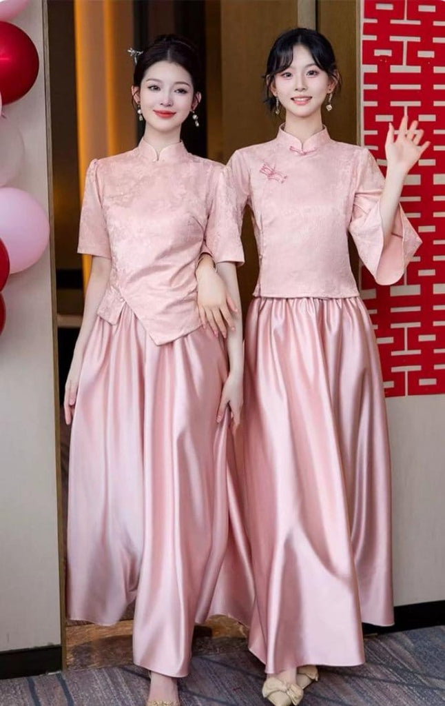 Beth and Brian Qipao-YBY Jacquard and satin, Bridesmaid pink long Qipao set