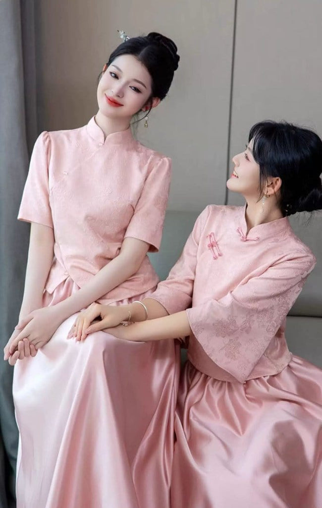 Beth and Brian Qipao-YBY Jacquard and satin, Bridesmaid pink long Qipao set