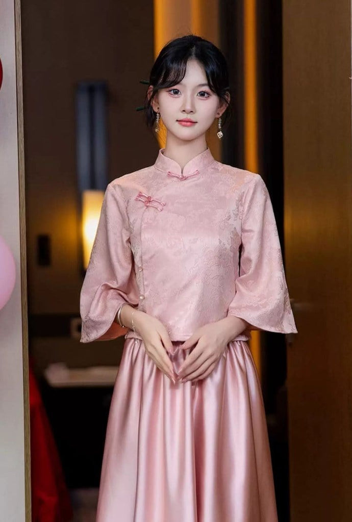Beth and Brian Qipao-YBY Jacquard and satin, Bridesmaid pink long Qipao set