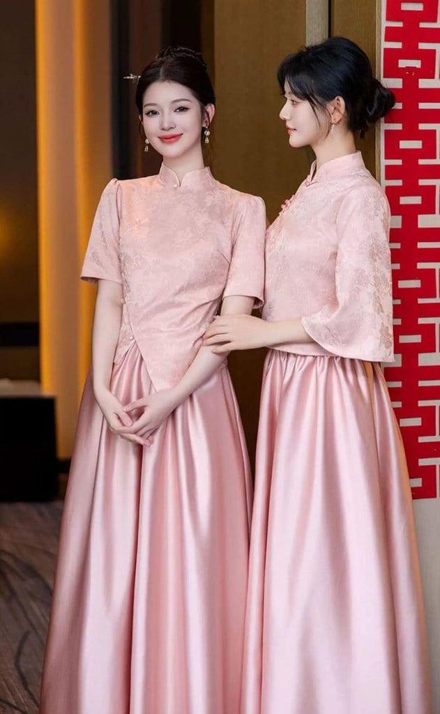 Beth and Brian Qipao-YBY Jacquard and satin, Bridesmaid pink long Qipao set