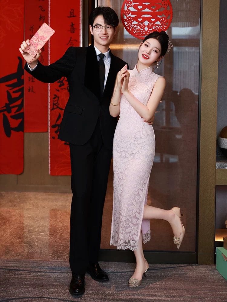 Beth and Brian Qipao-YQ Leaf pattern, lace pink midi Cheongsam