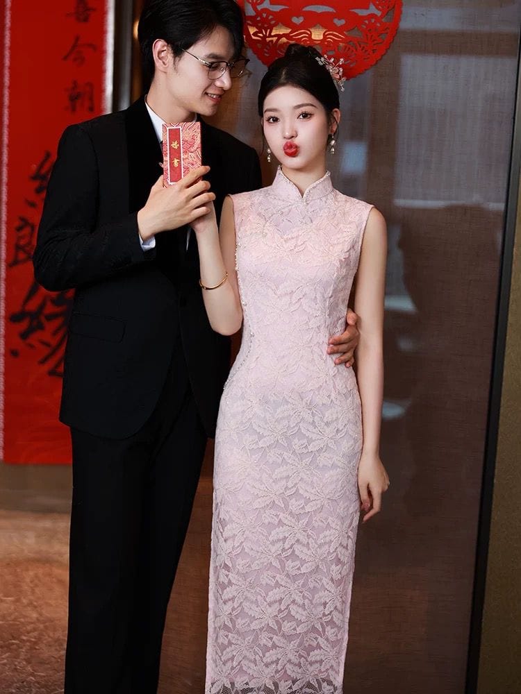 Beth and Brian Qipao-YQ Leaf pattern, lace pink midi Cheongsam