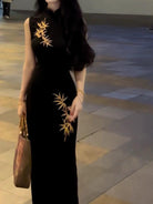 Beth and Brian Qipao-SHY New Chinese style (新中式), gold bamboo leaf pattern, long Cheongsam