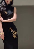 Beth and Brian Qipao-SHY New Chinese style (新中式), gold bamboo leaf pattern, long Cheongsam
