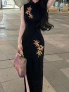 Beth and Brian Qipao-SHY New Chinese style (新中式), gold bamboo leaf pattern, long Cheongsam
