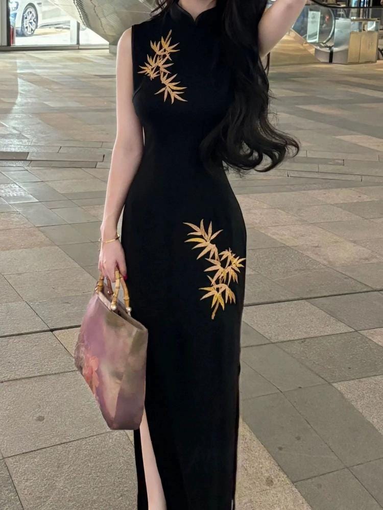 Beth and Brian Qipao-SHY New Chinese style (新中式), gold bamboo leaf pattern, long Cheongsam