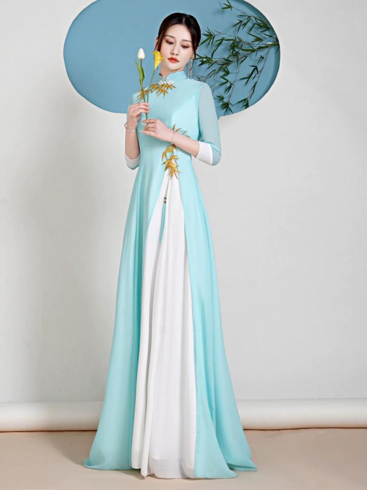 Beth and Brian Qipao-YJNS Bamboo leaf embroidery, long plus size Cheongsam