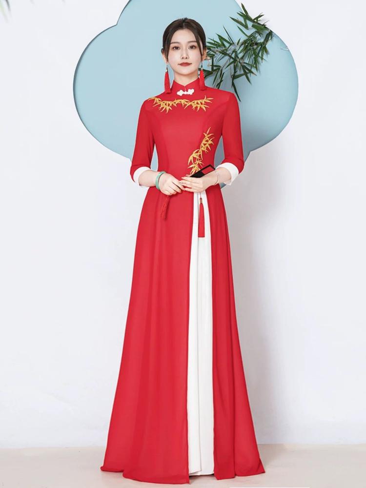 Beth and Brian Qipao-YJNS Bamboo leaf embroidery, long plus size Cheongsam