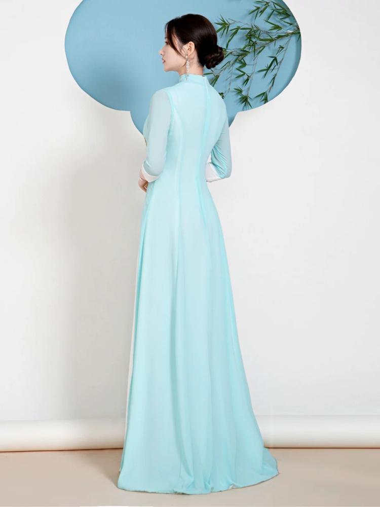 Beth and Brian Qipao-YJNS Bamboo leaf embroidery, long plus size Cheongsam