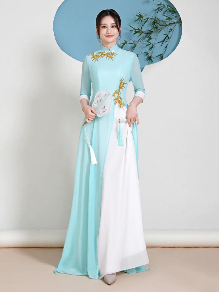 Beth and Brian Qipao-YJNS Bamboo leaf embroidery, long plus size Cheongsam