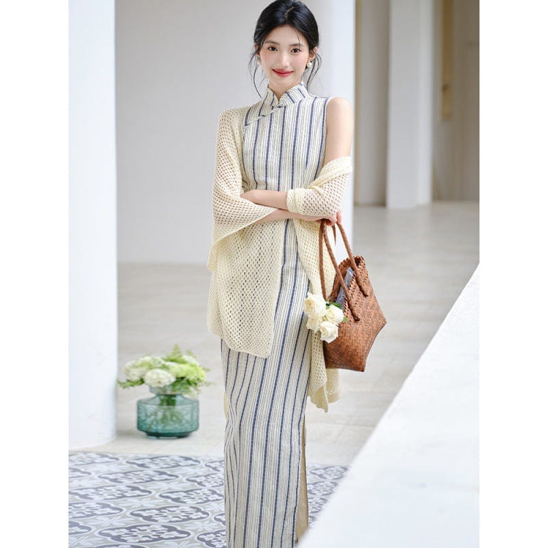 Beth and Brian Qipao-ARS Stripe pattern, beige mid-length Qipao set