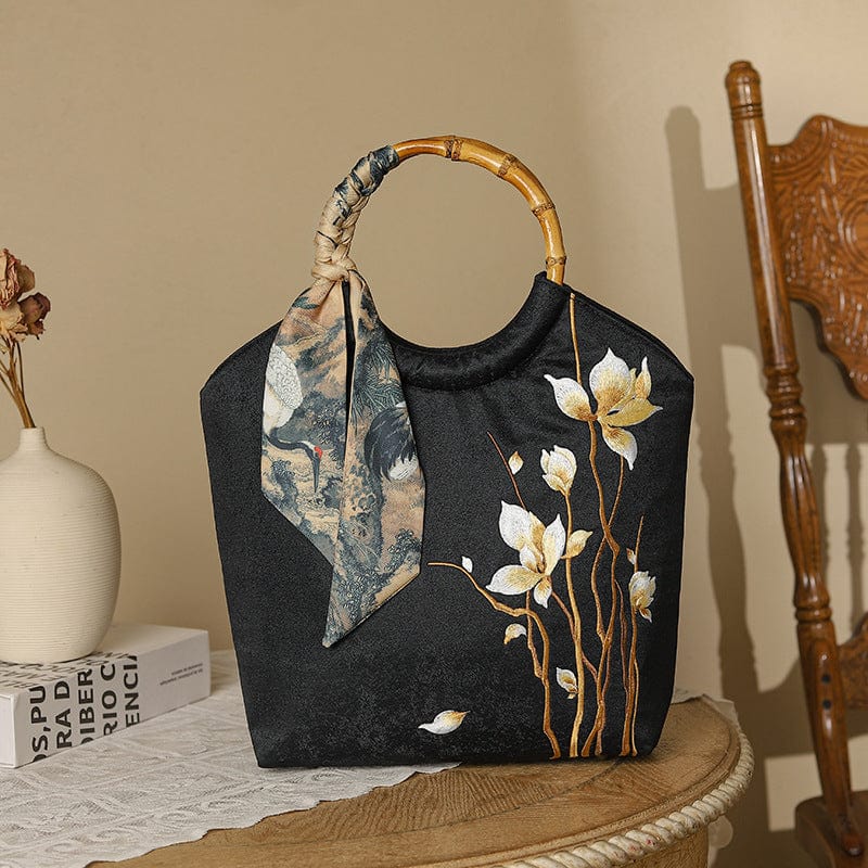 Beth and Brian Qipao-CY Embroidered Wooden Handle Tote Bucket Bag, Chinese style Qipao bag