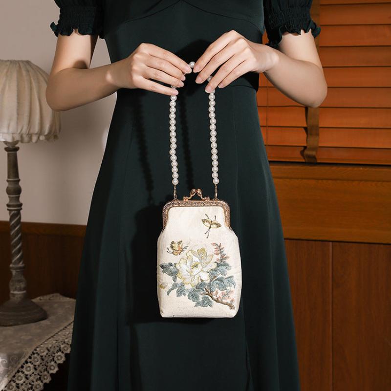 Beth and Brian Qipao-CY Lotus embroidery Handbag, Pearl Chinese style Qipao bag