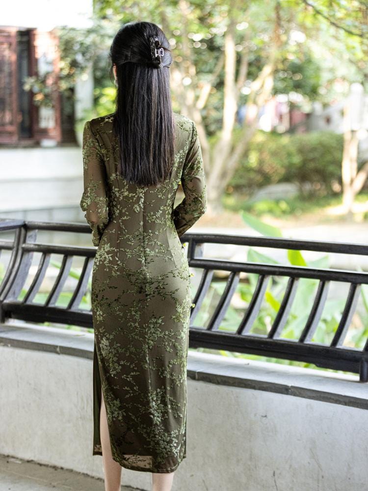 Beth and Brian Qipao-JLM Flocking fabric, floral midi Cheongsam