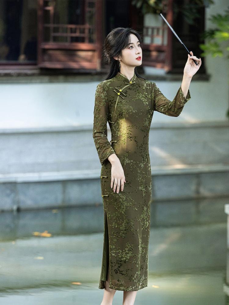 Beth and Brian Qipao-JLM Flocking fabric, floral midi Cheongsam