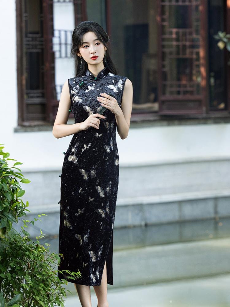 Beth and Brian Qipao-JLM Butterfly pattern, velvet midi Cheongsam