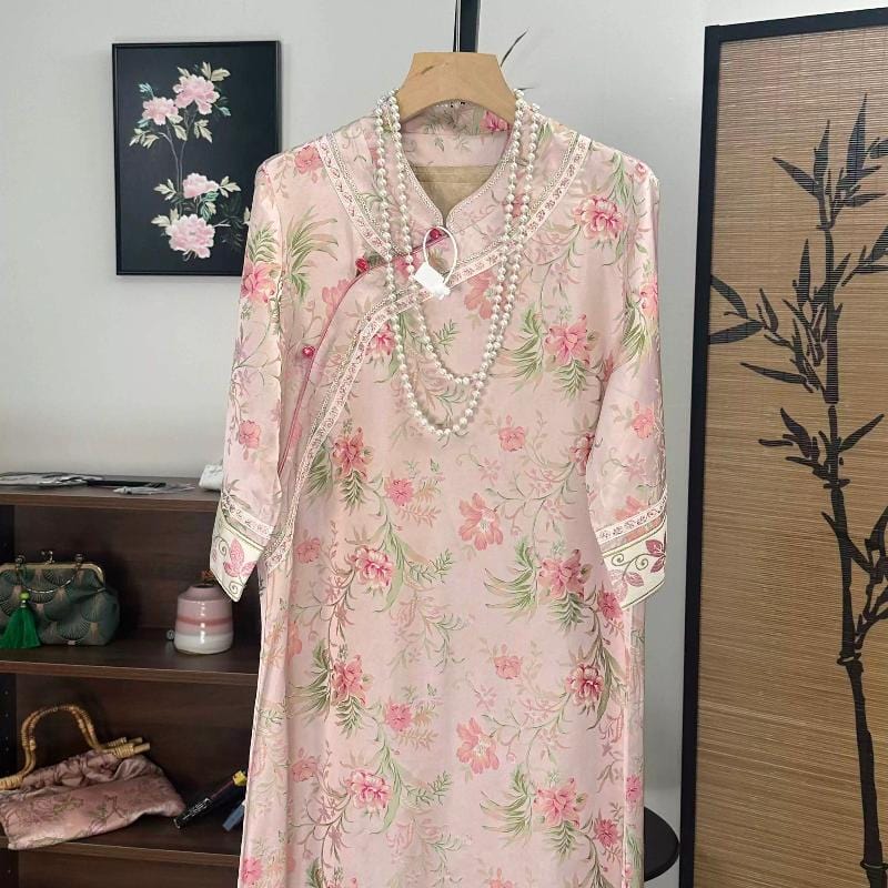 Beth and Brian Qipao-SZCS Floral print, 16 mome mulberry silk, high-end midi Cheongsam