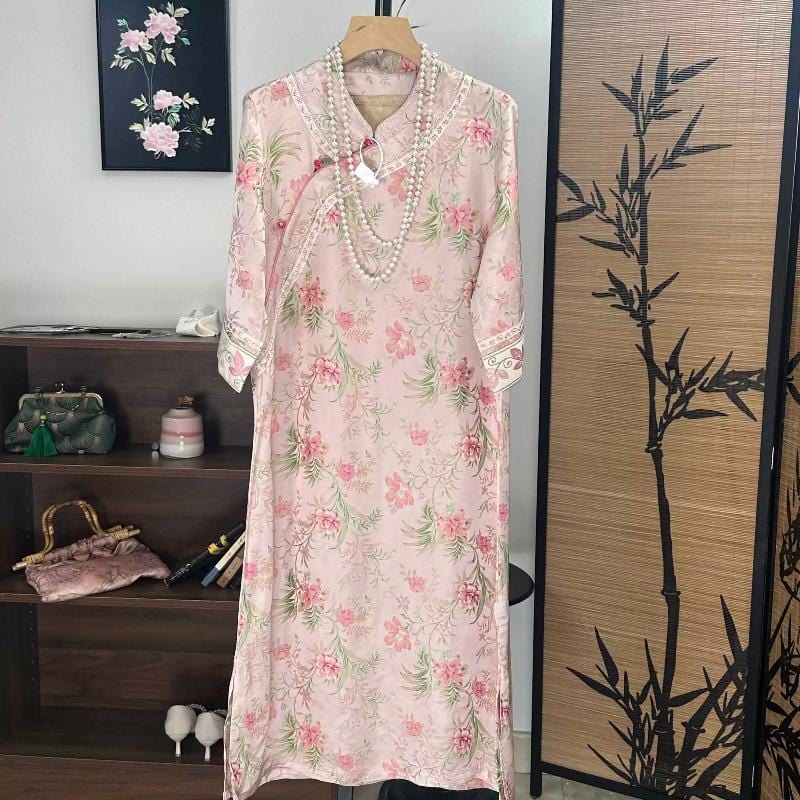 Beth and Brian Qipao-SZCS Floral print, 16 mome mulberry silk, high-end midi Cheongsam