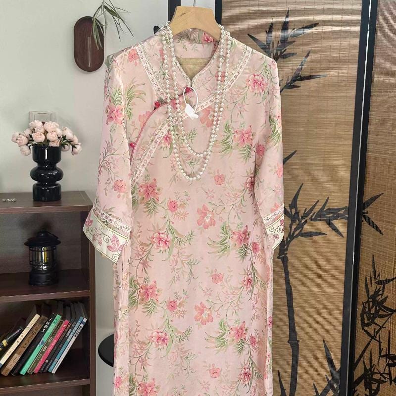 Beth and Brian Qipao-SZCS Floral print, 16 mome mulberry silk, high-end midi Cheongsam