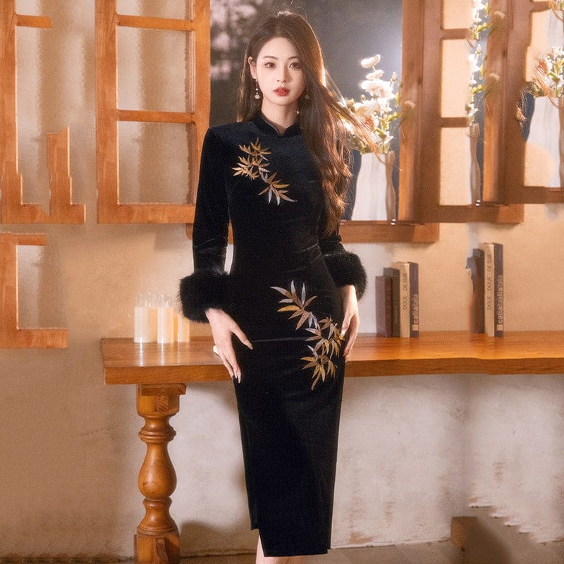 Beth and Brian Qipao-ZQYS Winter collection, thick black midi Cheongsam