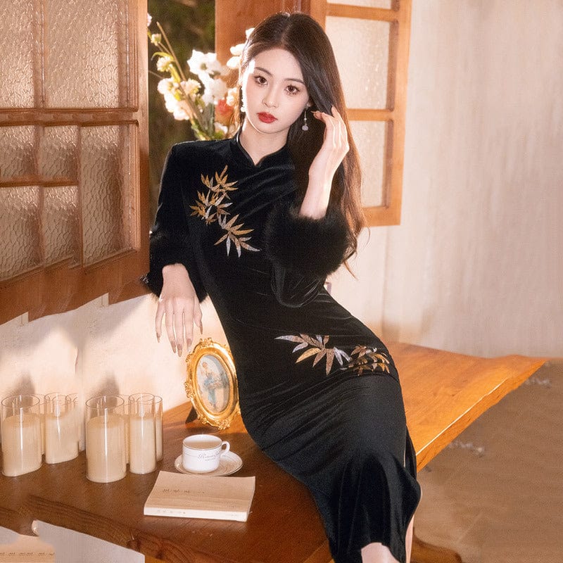 Beth and Brian Qipao-ZQYS Winter collection, thick black midi Cheongsam