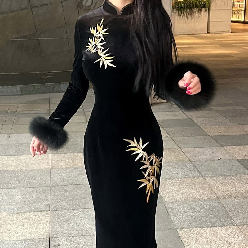 Beth and Brian Qipao-ZQYS Winter collection, thick black midi Cheongsam