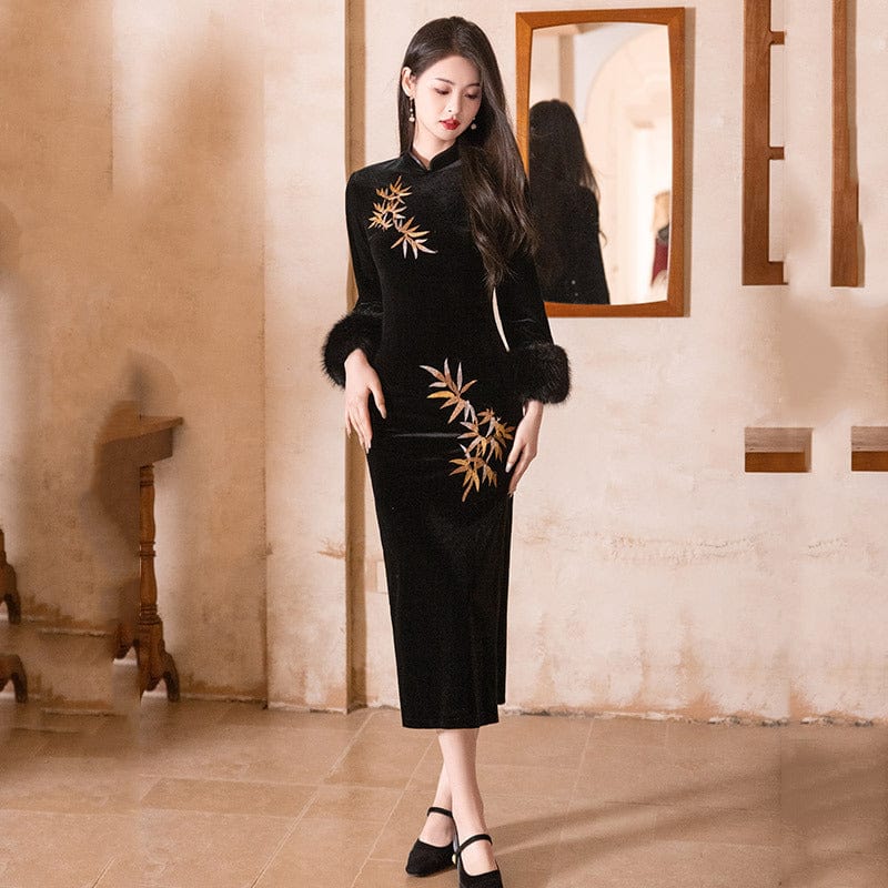 Beth and Brian Qipao-ZQYS Winter collection, thick black midi Cheongsam