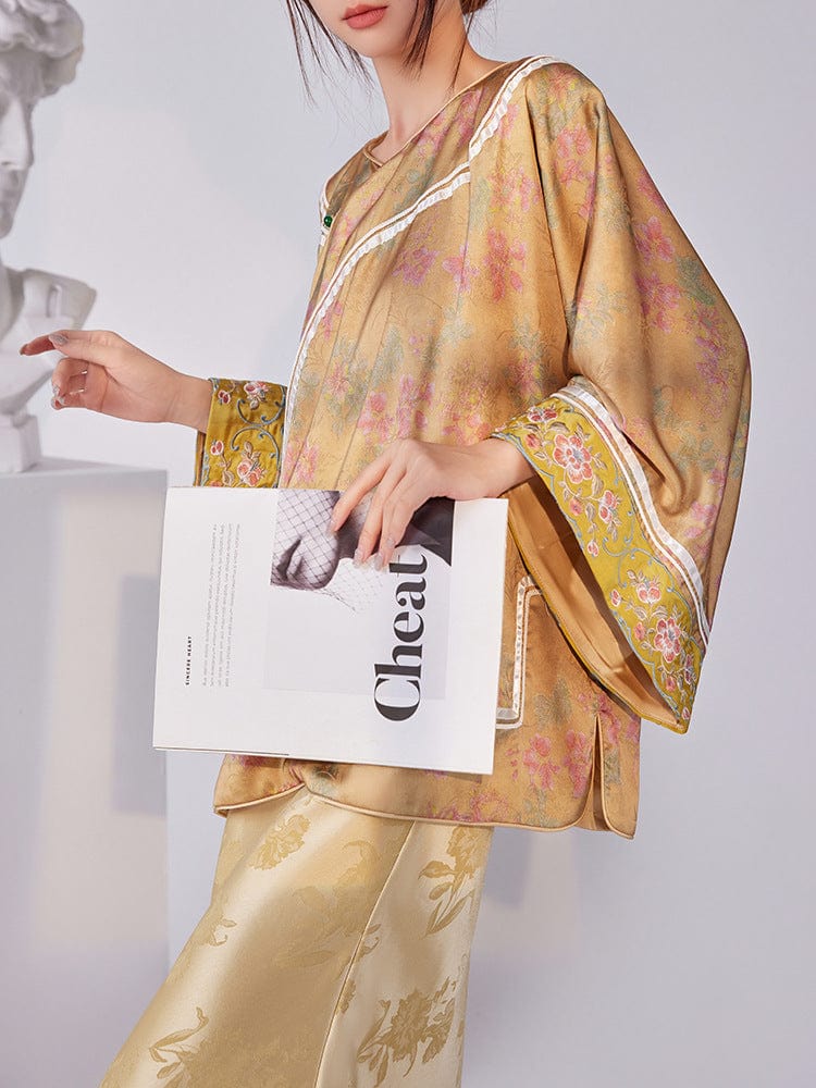 Beth and Brian Qipao-SS Loose Fitting, floral print, gold Qipao Top with flared sleeves
