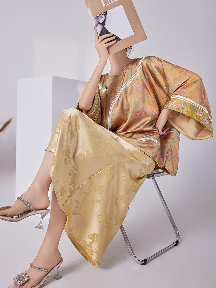 Beth and Brian Qipao-SS Loose Fitting, floral print, gold Qipao Top with flared sleeves