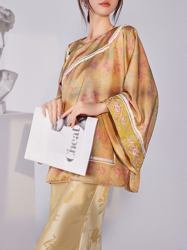 Beth and Brian Qipao-SS Loose Fitting, floral print, gold Qipao Top with flared sleeves