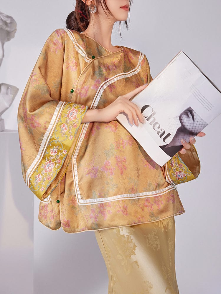 Beth and Brian Qipao-SS Loose Fitting, floral print, gold Qipao Top with flared sleeves