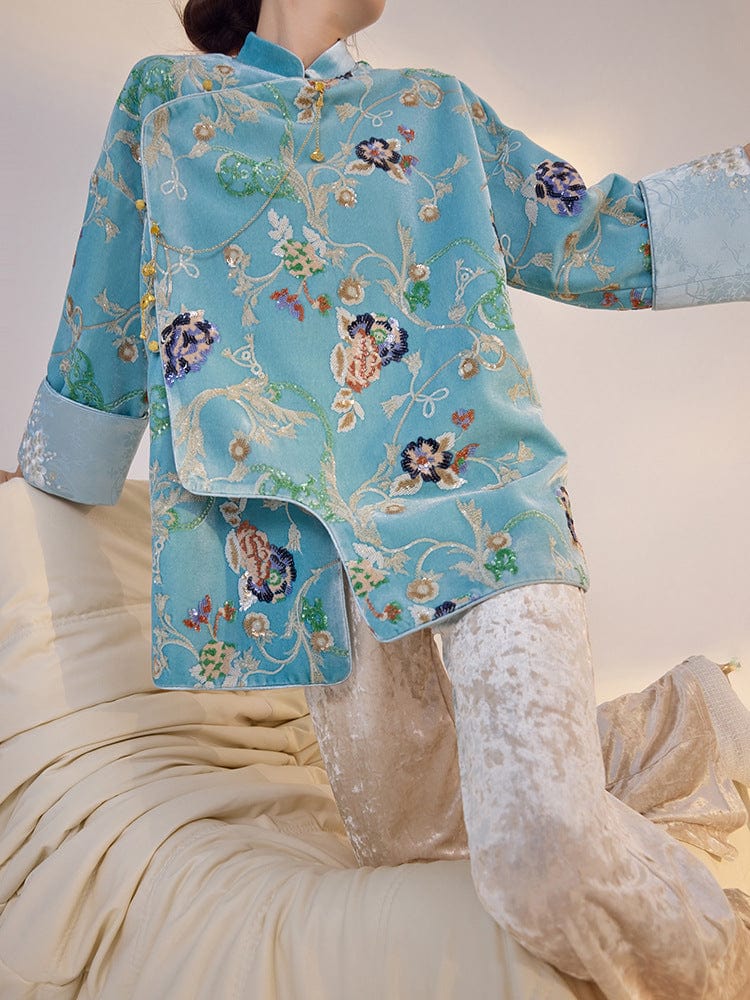 Beth and Brian Qipao-ZHT Floral sequins embroidery, lake blue Qipao top
