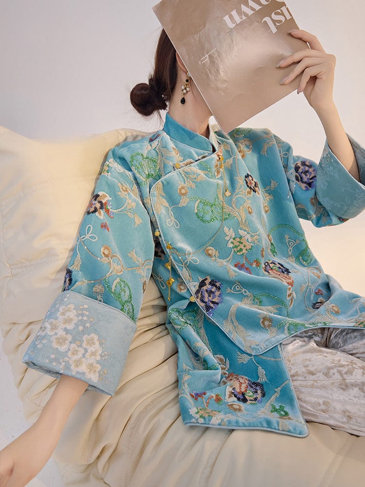 Beth and Brian Qipao-ZHT Floral sequins embroidery, lake blue Qipao top