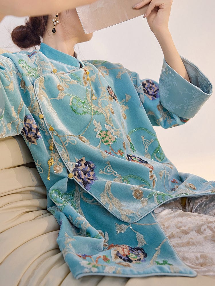 Beth and Brian Qipao-ZHT Floral sequins embroidery, lake blue Qipao top