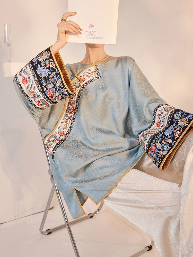 Beth and Brian Qipao-SS Loose-Fitting, light blue Qipao Top with flared sleeves